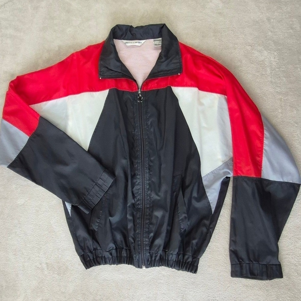 Pierre Cardin Windbreaker Jacket Colorblock Vintage Large Red Black White Grey L